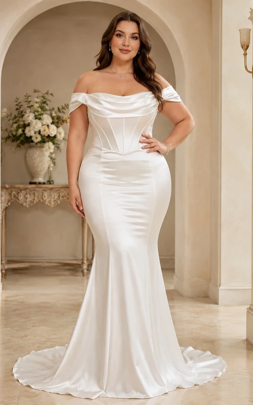 White Guest Sculpted Mermaid/Trumpet Off-the-shoulder Satin Short Sleeve Floor-length Sexy Dress