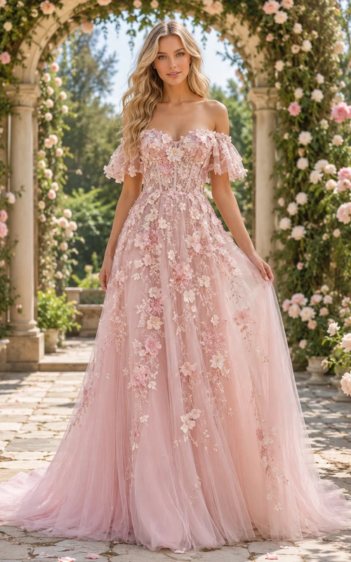 Rosafarbenes schulterfreies Brautkleid mit 3D-Blumenapplikationen im Gartenstil