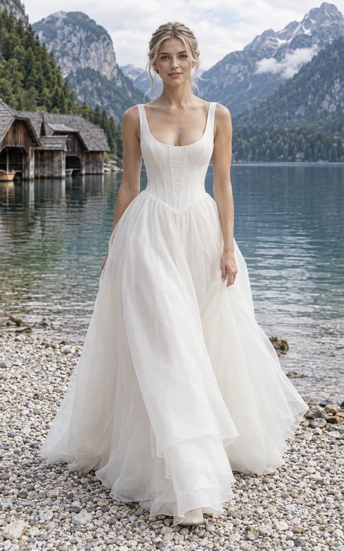 Vestido de novia sencillo de organza con escote redondo, corte en A, sin mangas y cola.