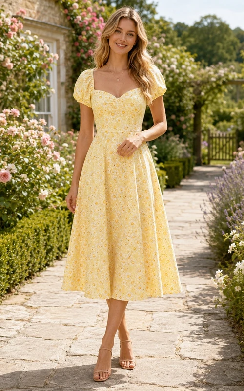 Ländliches, teelanges, gelbes Blumenkleid mit eckigem Ausschnitt und Puffärmeln