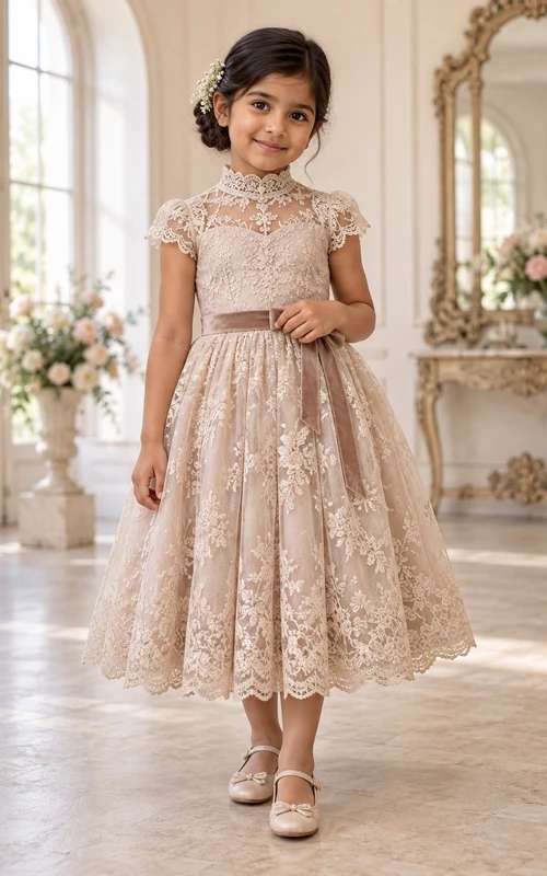 Vestido de niña de flores de corte A, largo hasta la rodilla, cuello alto, estampado floral color champán, encaje, mangas cortas y lazo en la espalda.