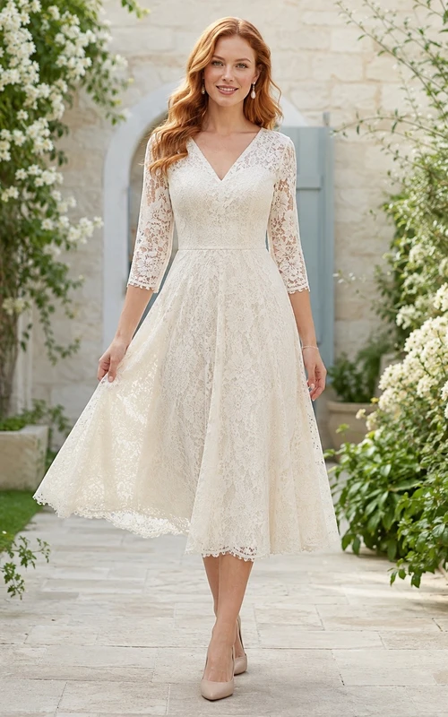 Ivory Lace V-Neck Long-Sleeve Chiffon A-Line Tea-Length Formal Dress