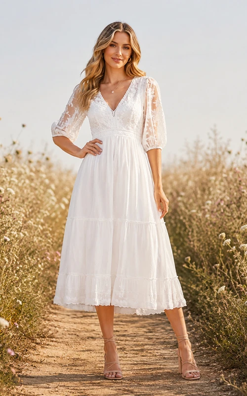 White V-Neck Bell Sleeve Lace Chiffon Bohemian Tea Dress Country