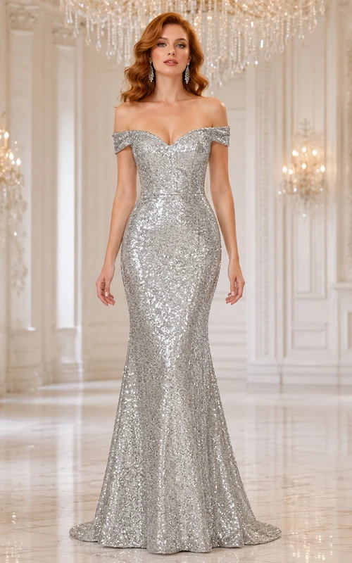 Silbernes Pailletten-Abendkleid im Meerjungfrauenstil mit schulterfreiem Ausschnitt