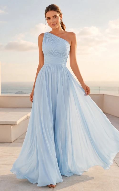 Baby Blue One-Shoulder Chiffon Flowing Prom Evening Dress