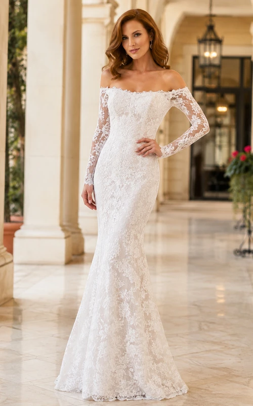 Robe de mariée sirène romantique à épaules dénudées, manches longues en dentelle et traîne balayée