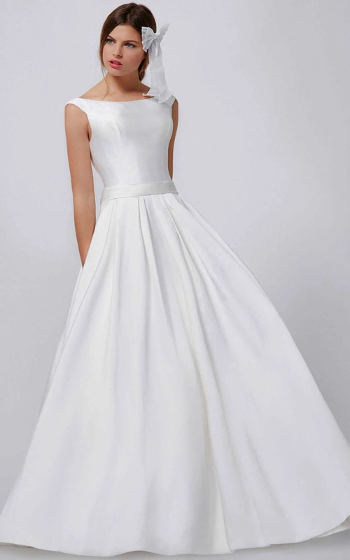 Vestido de novia sencillo de satén, largo, sin mangas, con escote redondo y corte en A.
