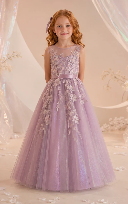 Flower Girl Dress A-Line Mauve Floral Tulle Sleeveless Formal Garden