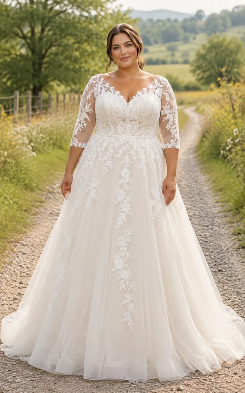 Vestido de novia de corte A con escote en V y cuello en V, de estilo campestre, talla grande, con encaje.