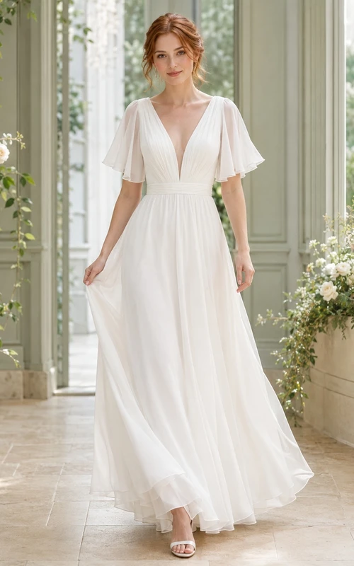 Romantisches Brautkleid aus Chiffon mit V-Ausschnitt, flatternden Ärmeln und Empire-Schnitt in A-Linie für eine Strandhochzeit