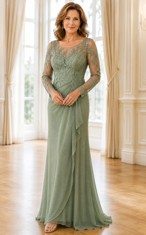 MOB Kleid Salbeigrünes Chiffon-Spitzenkleid, Etuikleid, lange Ärmel, V-Ausschnitt, bodenlang, gerafft