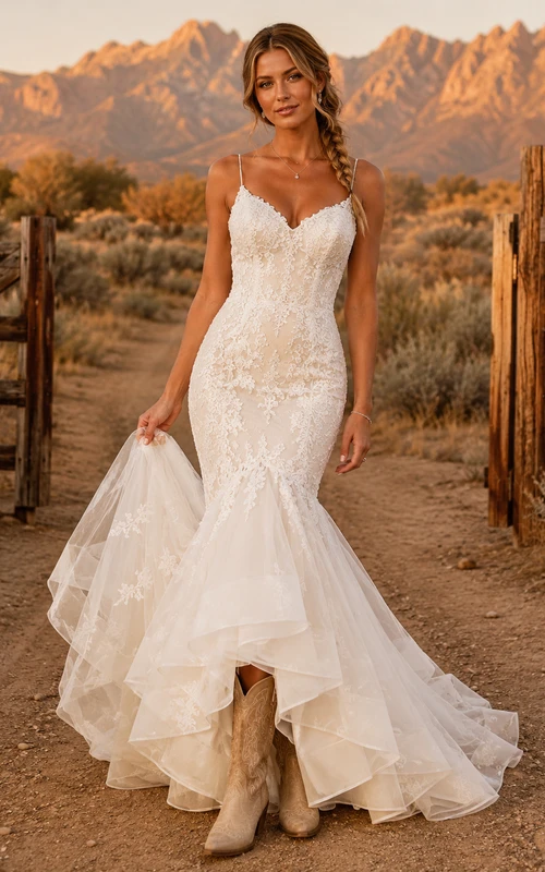 Robe de mariée de maternité, bustier en dentelle épaules dénudées, coupe trapèze et fente sur le devant