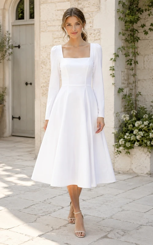 Schlichtes, weißes Jersey-Gästekleid mit langen Ärmeln, eckigem Ausschnitt, A-Linie und Teelänge