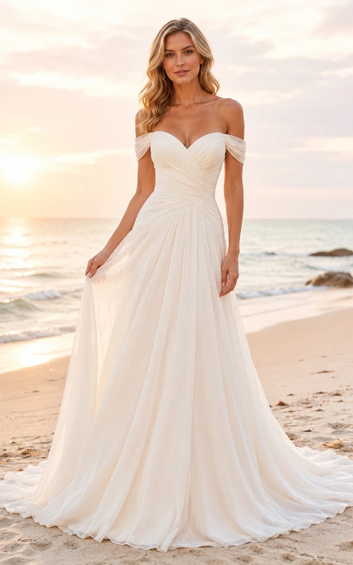 Vestido de novia de gasa y tul para la playa, corte en A, hombros descubiertos, largo hasta el suelo.