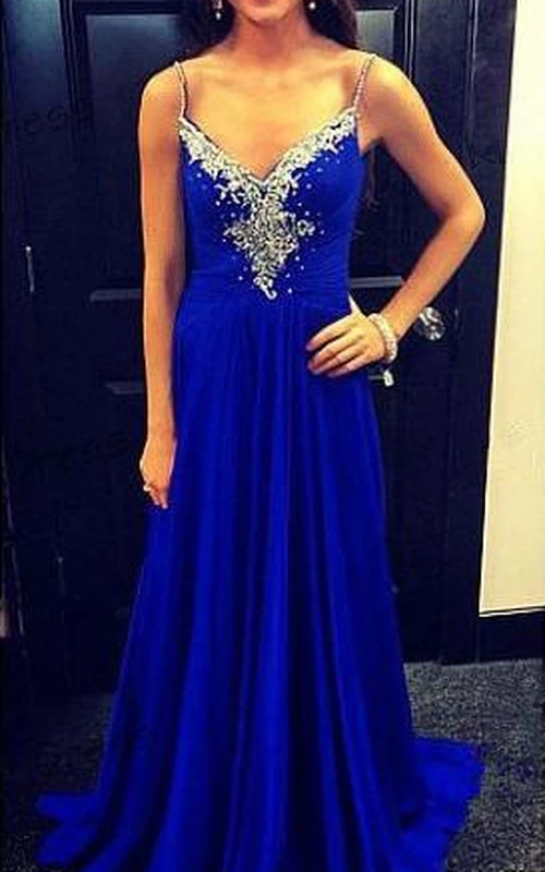 Newest Beadings Chiffon Royal Blue Prom Dress Zipper Spaghetti Strap