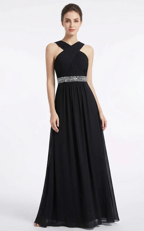 Robe de soirée sans manches en mousseline à taille perlée