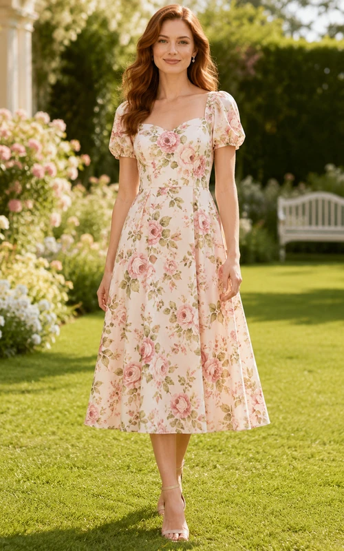 Robe midi trapèze à manches bouffantes et imprimé floral rose poudré