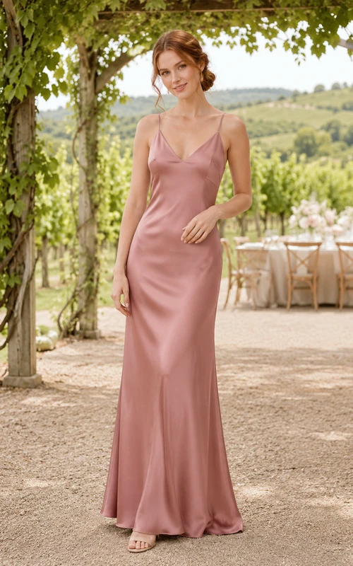Dusty rose V neck satin floor length bridesmaid slip dress