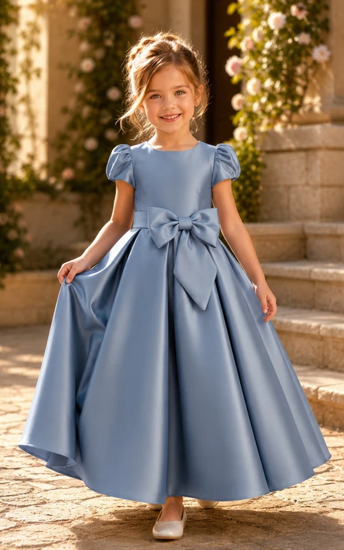 Robe de demoiselle d'honneur bleu océan en satin, coupe trapèze, manches bouffantes, encolure bijou et jupe longue ornée d'un nœud.