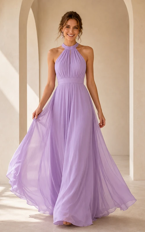 Lavendel High Neck Neckholder Rüschen Chiffon A-Linie Boden Vestido Puesta Largo