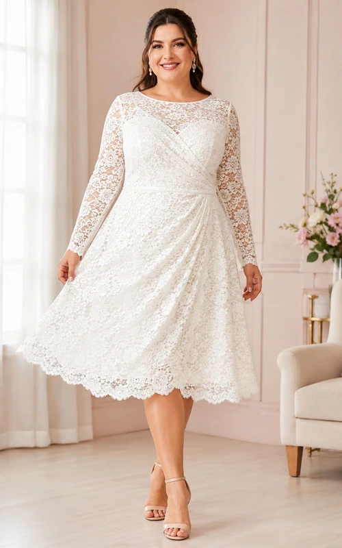 Vestido blanco de talla grande con escote barco, manga larga, encaje, corte en A y largo hasta la rodilla