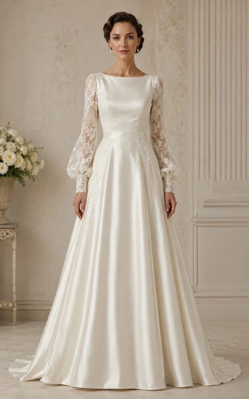 White Satin A-Line Vintage Wedding Dress with Lace Sleeves