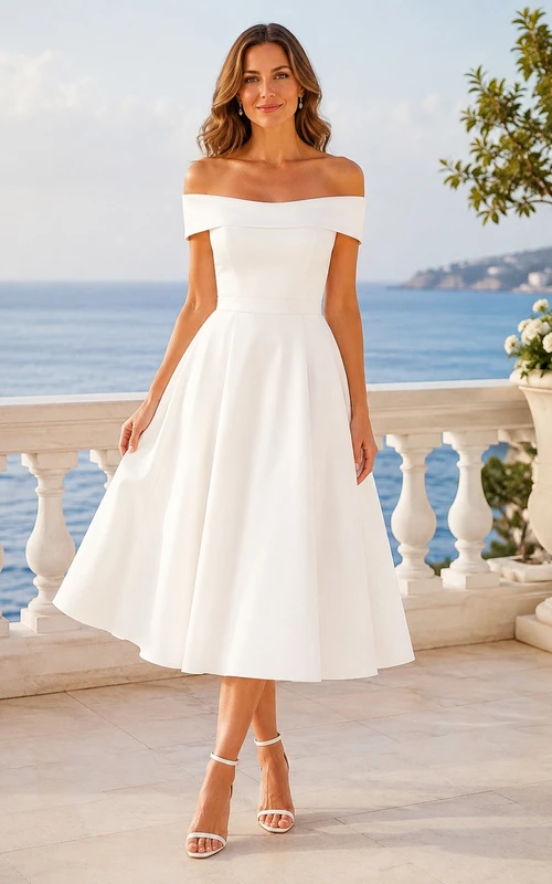 White Chiffon Off-the-Shoulder Short-Sleeve Romantic Tea-Length Formal Dress