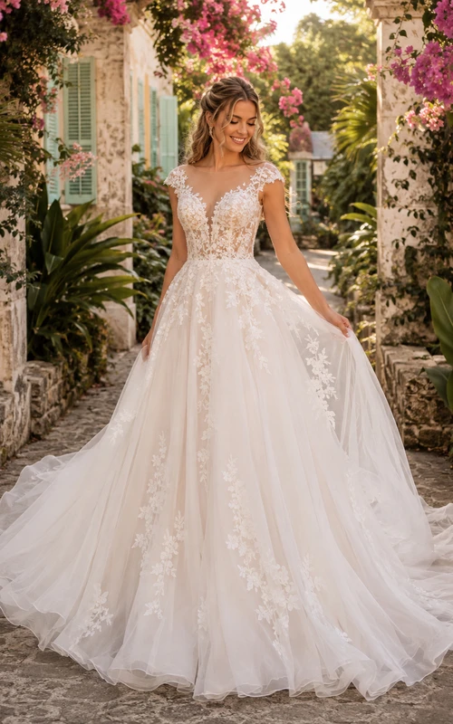 Robe de mariée champêtre en tulle et dentelle florale à manches courtes, coupe trapèze, traîne chapelle, manches courtes