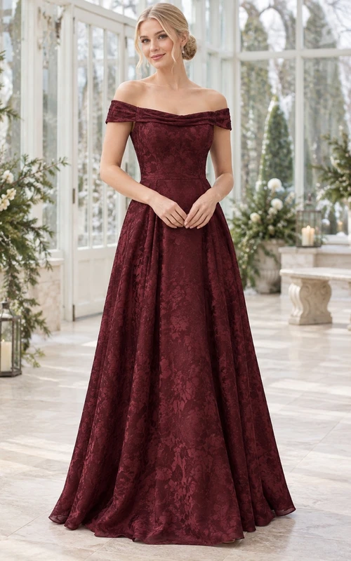 Vestido de noche de dama de honor de corte A con hombros descubiertos y jacquard floral burdeos