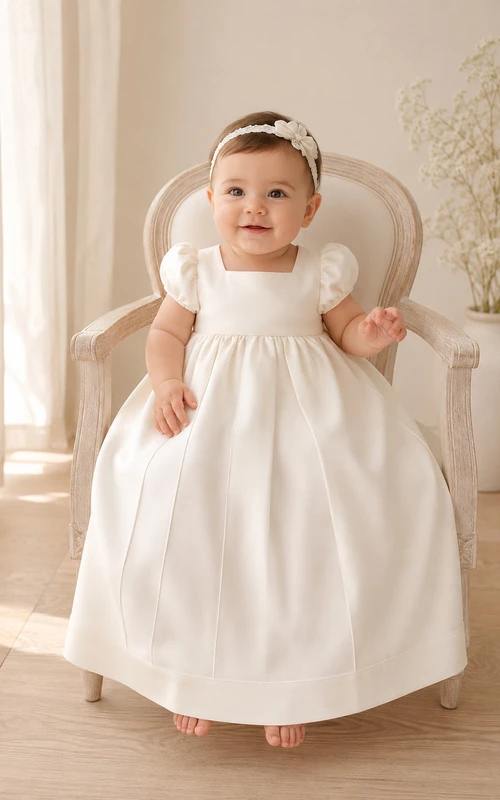 Minimalist Baby Baptism Christening Ceremony Gown A-Line Knee-Length Jewel Neck Puff Sleeve Satin Button Back