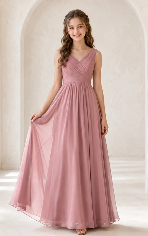 Vestido de dama de honor juvenil rosa ruborizado, corte en A, escote en V, sin mangas, de gasa, romántico.