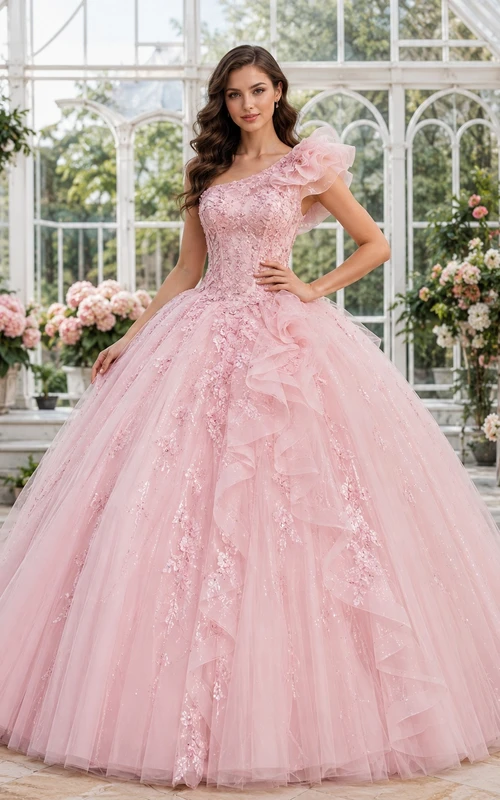 Zartrosa, schulterfreies Ballkleid mit Puffärmeln aus Tüll und Blumenmuster für Quinceañeras