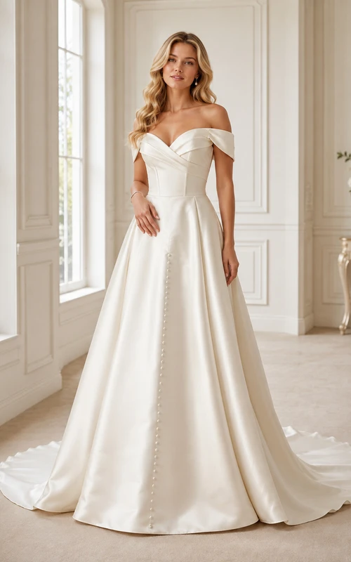 Robe de mariée de luxe en satin, simple, à épaules dénudées, manches courtes et boutons, style princesse, avec traîne.