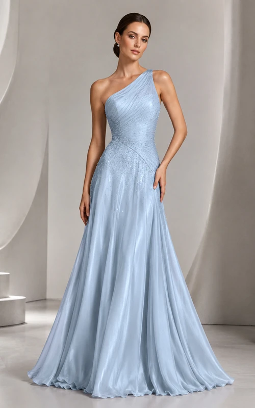 Himmelblaues, sanft-glamouröses A-Linien-Abendkleid mit One-Shoulder-Schnitt