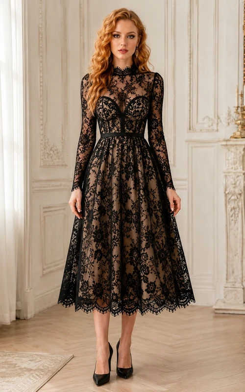 Robe vintage noire à col montant et manches longues en dentelle florale, longueur thé