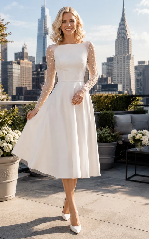 Robe de mariée civile modeste à manches longues et effet bateau, longueur thé