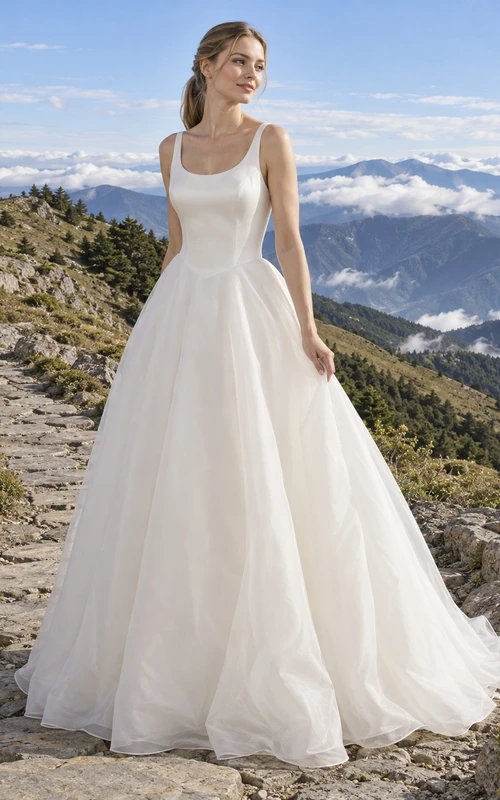 Schlichtes, ärmelloses A-Linien-Brautkleid aus Organza mit Rundhalsausschnitt