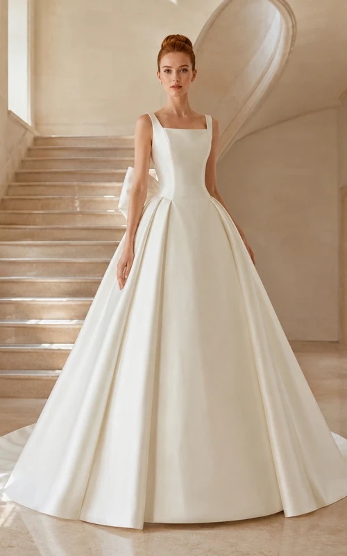 Robe de mariée en satin à col carré et nœud, ornée d'une traîne chapelle plissée.
