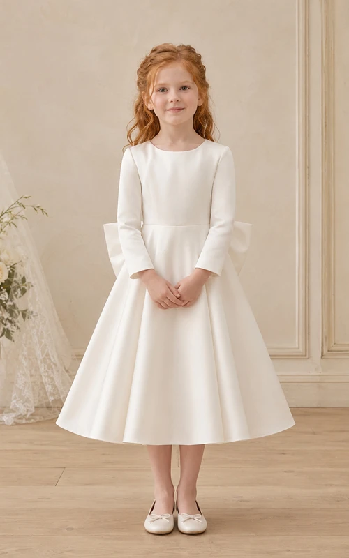 Blumenmädchenkleid aus elfenbeinfarbenem Satin, A-Linie, kurze Ärmel, Rundhalsausschnitt, Teelänge, Schleifendetail