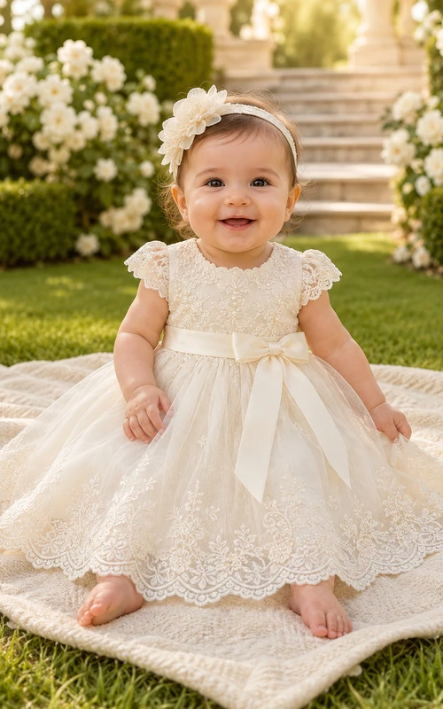 Scalloped Lace Hem Baptism Dress A-Line Tulle Jewel Neck Short Sleeve