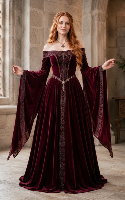 Burgundy Off-the-Shoulder Long-Sleeve Bell-Sleeve Velvet Tiered Ball Gown