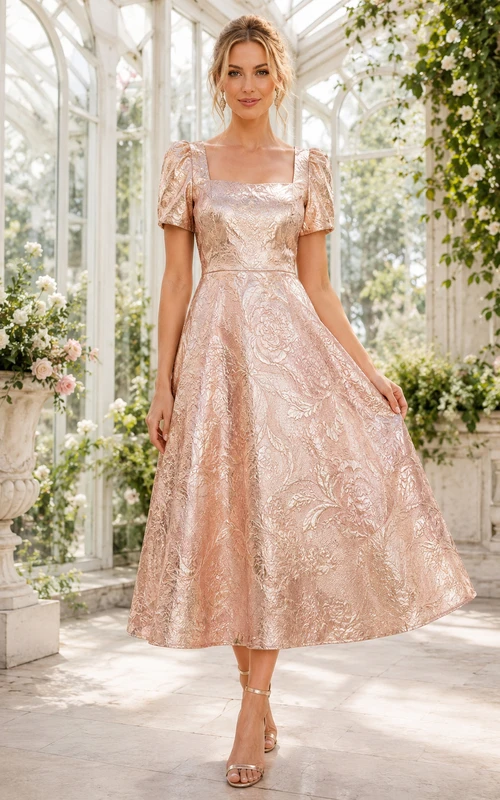Robe cocktail rose poudré en taffetas, coupe trapèze, col carré, manches bouffantes, longueur midi