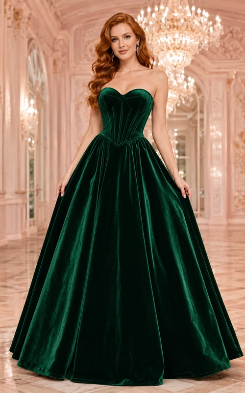Smaragdgrünes, trägerloses Ballkleid aus Samt mit herzförmigem Dekolleté und weitem Rock