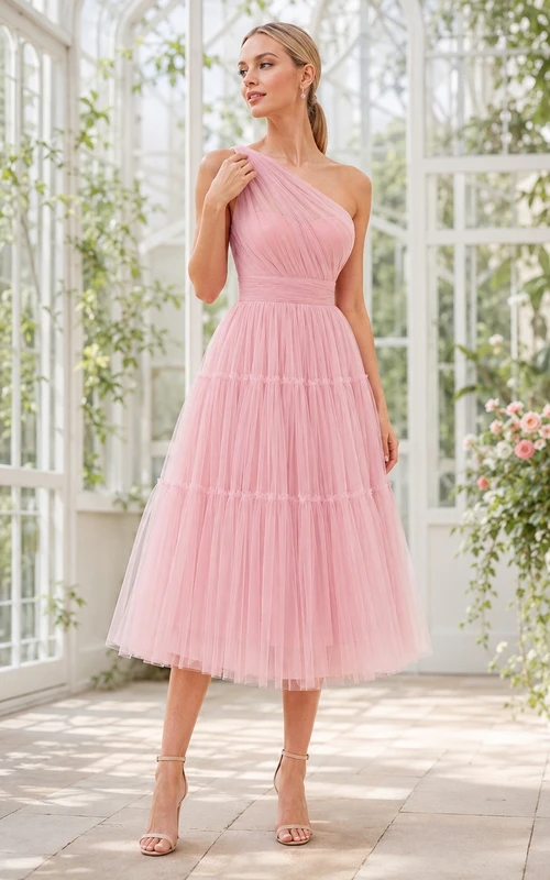 Pink Tulle One-Shoulder Sleeveless Romantic Tea-Length Party Dress
