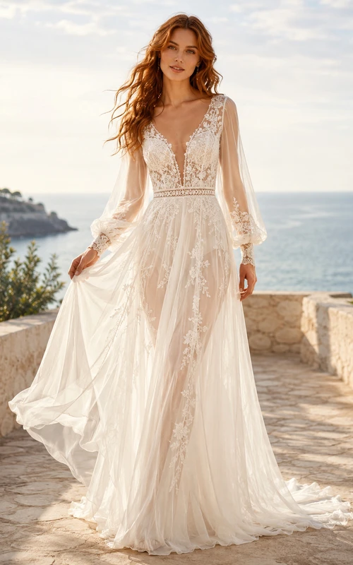 Lace Tulle Wedding Dress A-Line V-Neck Long Sleeve Sweep Train Bridal Gown