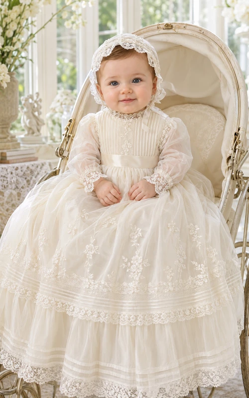 Vintage Modest Baby Baptism Christening Ceremony Dress A-Line Tea-Length High Neck Long Sleeve Tulle Lace Bow Back Ruffle Trim Button Back