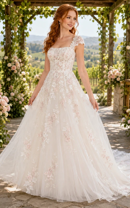 Kleid mit kurzen Ärmeln, floraler Spitze, rosafarbenem Weinrot, A-Linie
