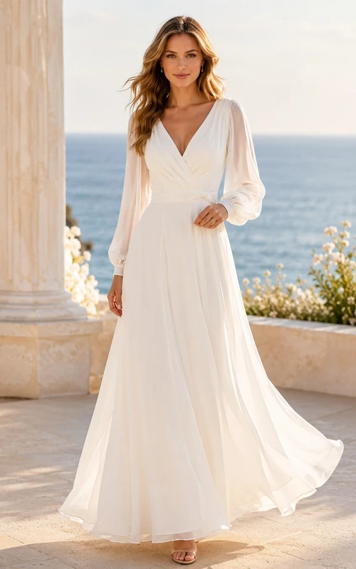 Long Sleeve V-Neck Chiffon A-Line Beach Wedding Dress