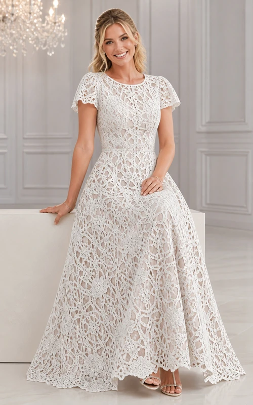 Vestido de novia bohemio modesto de talla grande con escote redondo, encaje y mangas cortas, corte en A