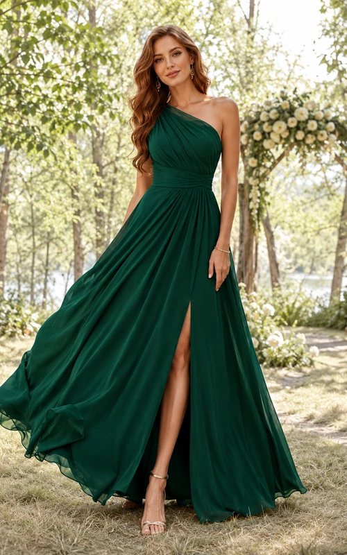 Forest Dark Green One-Shoulder Chiffon A-Line Floor-Length Slit Dress